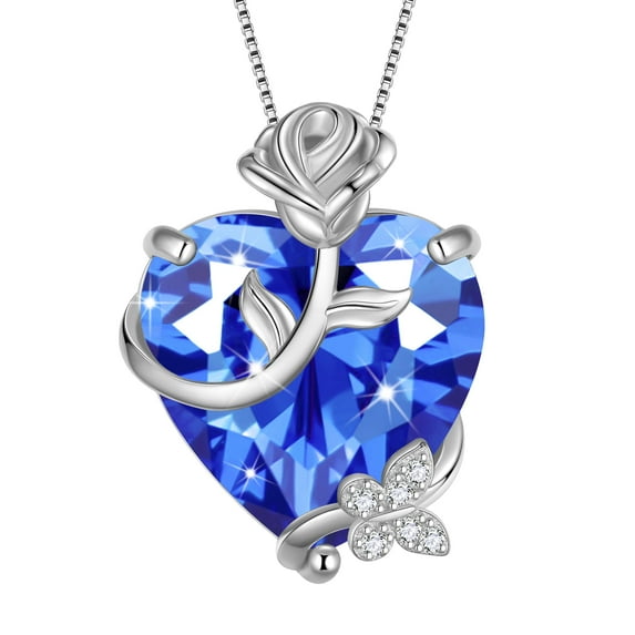 Juwaliy 15MM Women Rose Heart Necklace December Birthstone 925 Sterling Silver Butterfly Flower Pendant Tanzanite Jewelry Christmas Valentines Mother's Day Gift