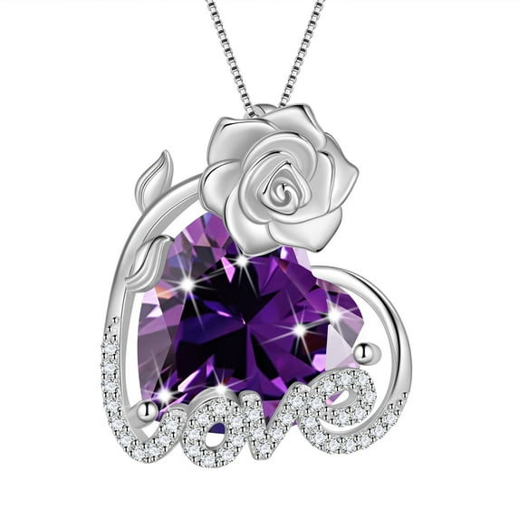 Juwaliy 15MM Rose Heart Women Necklace February Birthstone 925 Sterling Silver Love Pendant Purple Amethyst Jewelry Mom Valentine's Day Gift for Wife Girlfriend