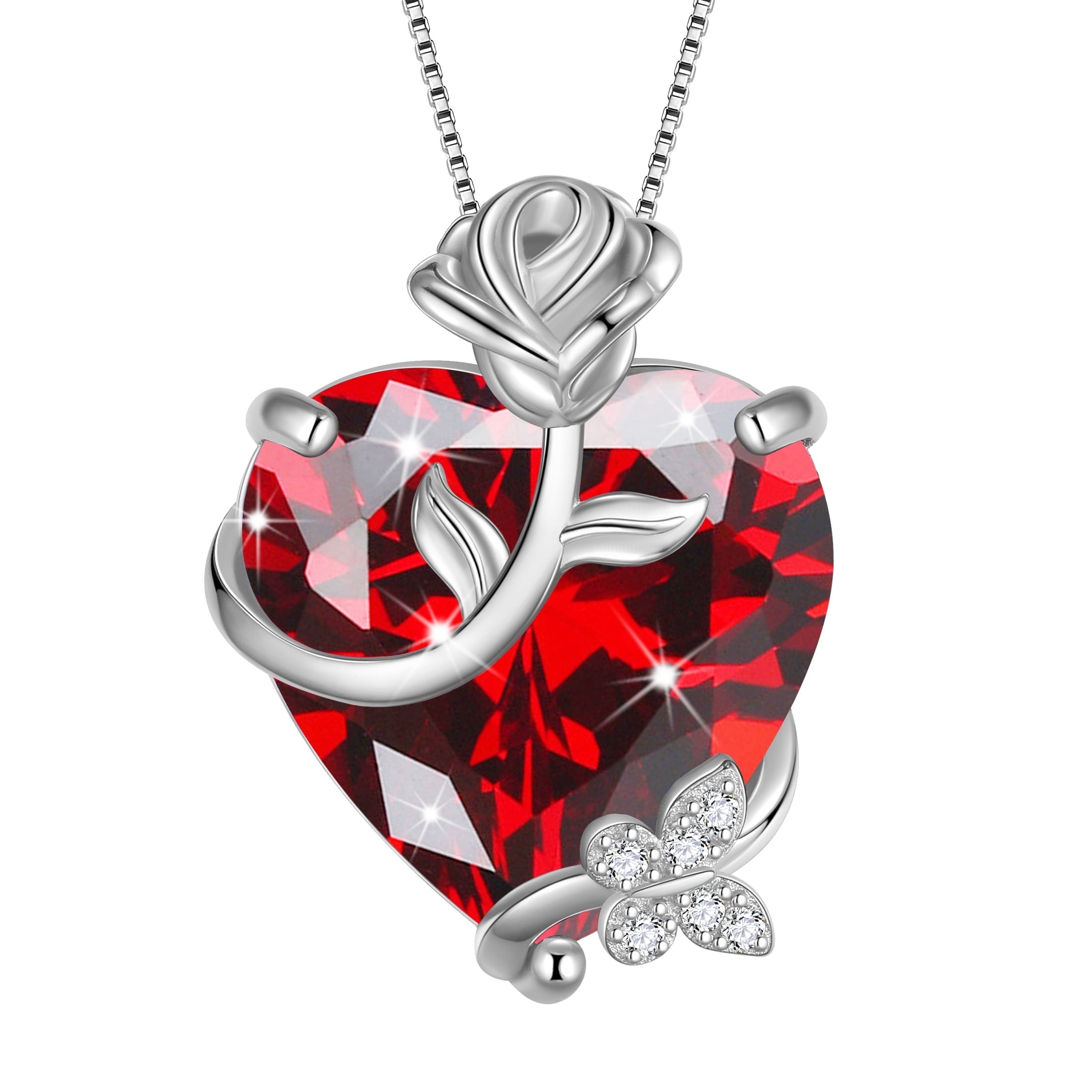 Juwaliy 15MM Women Rose Heart Necklace January Birthstone 925 Sterling Silver Butterfly Flower Pendant Garnet Jewelry Mother Valentine's Day Gift
