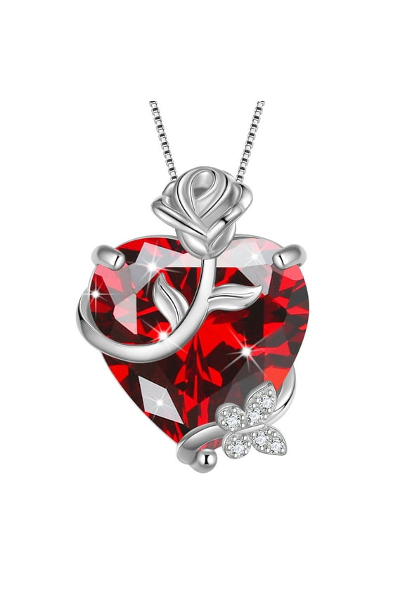 15MM Women Rose Heart Necklace January Birthstone 925 Sterling Silver Butterfly Flower Pendant Garnet Jewelry Mother Valentine's Day Gift