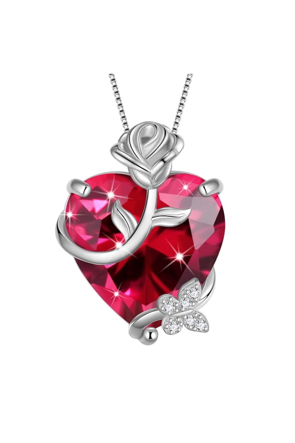 15MM Women Rose Heart Necklace July Birthstone 925 Sterling Silver Flower Butterfly Jewelry Pendant Red Ruby Mother Birthday Valentine's Day Gift