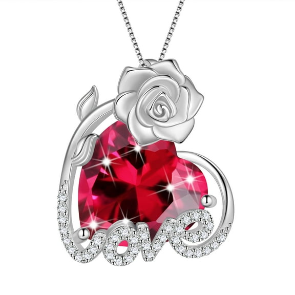 Juwaliy 15MM Rose Heart Women Necklace July Birthstone 925 Sterling Silver Flower Love Jewelry Pendant Red Ruby Mother Birthday Christmas Valentine's Day Gift