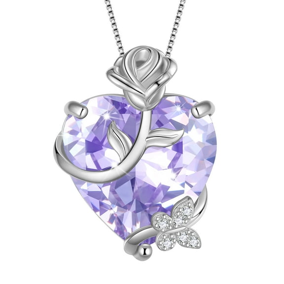 Juwaliy 15MM Women Rose Heart Necklace June Birthstone 925 Sterling Silver Flower Butterfly Pendant Purple Alexandrite Jewelry Mom Birthday Gift