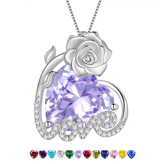 Juwaliy 13MM Rose Heart Women Necklace June Birthstone Silver Plated Flower Love Pendant Purple Alexandrite Jewelry Mom Christmas Valentines Birthday Gift