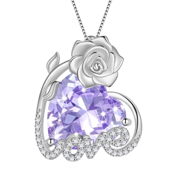 Juwaliy 15MM Rose Heart Women Necklace June Birthstone 925 Sterling Silver Flower Love Pendant Purple Alexandrite Jewelry Mom Christmas Valentines Birthday Gift