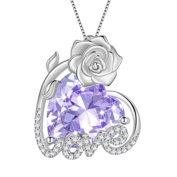 Juwaliy 15MM Rose Heart Women Necklace June Birthstone 925 Sterling Silver Flower Love Pendant Purple Alexandrite Jewelry Mom Christmas Valentines Birthday Gift