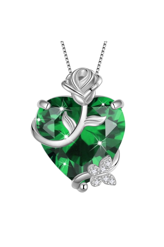 15MM Women Rose Heart Necklace May Birthstone 925 Sterling Silver Flower Butterfly Pendant Green Emerald Jewelry Xmas Birthday Mother's Day Gift