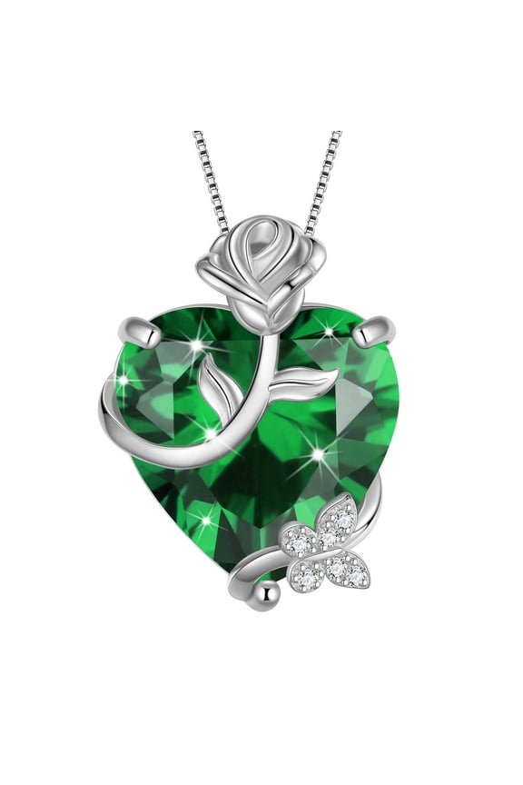 15MM Women Rose Heart Necklace May Birthstone 925 Sterling Silver Flower Butterfly Pendant Green Emerald Jewelry Xmas Birthday Mother's Day Gift
