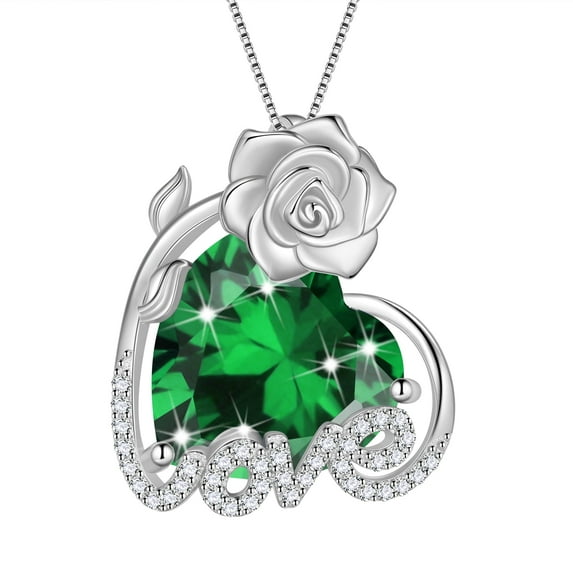Juwaliy 15MM Rose Heart Women Necklace May Birthstone 925 Sterling Silver Flower Love Pendant Green Emerald Jewelry Christmas Birthday Mothers Day Gift for Wife