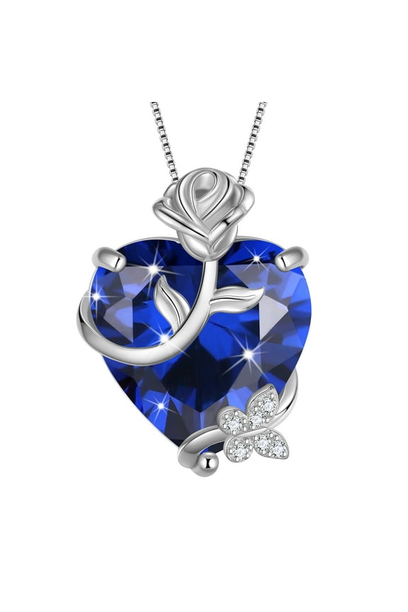 15MM Women Rose Heart Necklace September Birthstone 925 Sterling Silver Flower Butterfly Pendant Blue Sapphire Jewelry Birthday Mother's Day Gift