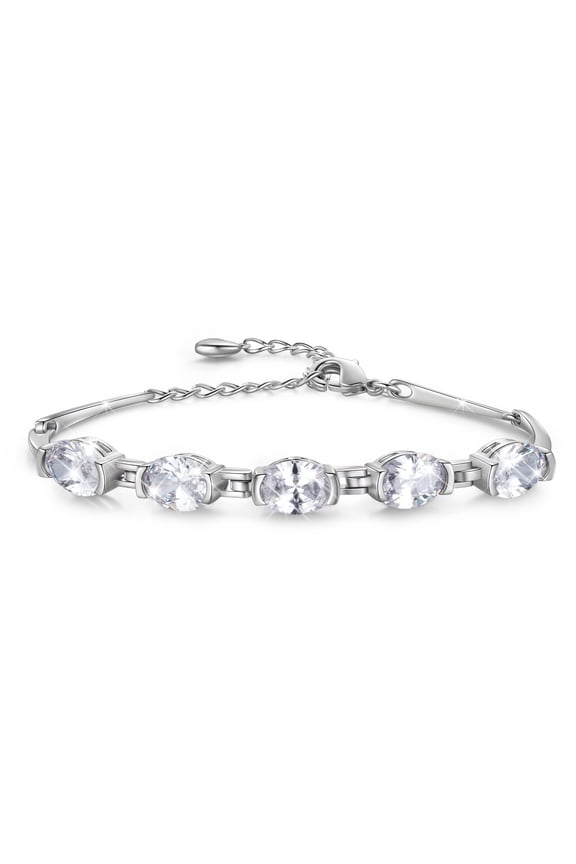 18K White Gold Plated Oval Tennis Bracelets for Women,April Birthstone Bracelet Crystal Diamond Jewelry Birthday Valentine's Day Gifts for Her