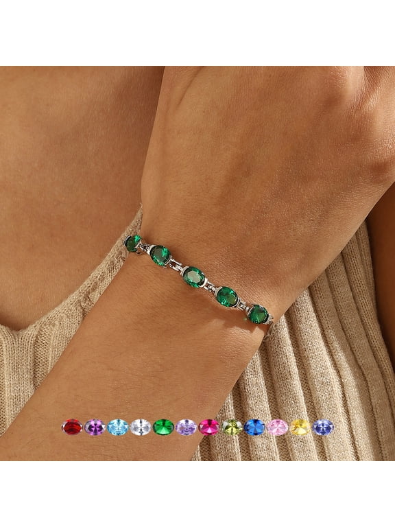18K White Gold Plated Oval Tennis Bracelets for Women,May Birthstone Bracelet Green Emerald Mom Jewelry Birthday Mother's Day Gifts Idea
