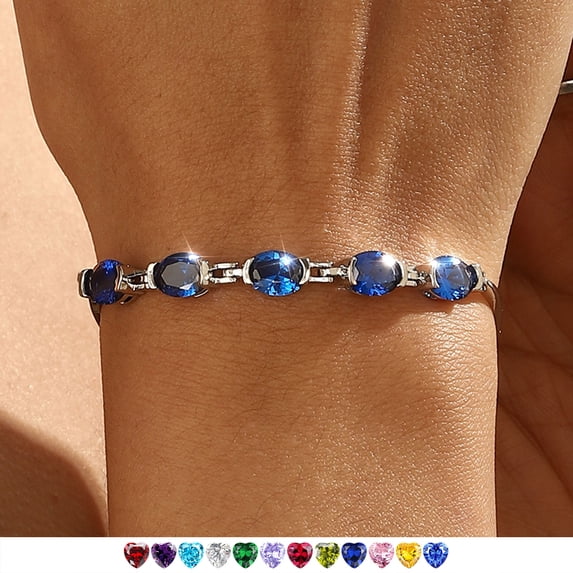 Juwaliy 18K White Gold Plated Oval Tennis Bracelets for Women,September Birthstone Bracelet Blue Sapphire Jewelry Mom Valentines Mothers Day Gift Idea