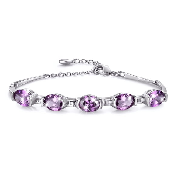 Juwaliy 18K White Gold Plated Oval Tennis Bracelets for Women,February Birthstone Bracelet Purple Amethyst Jewelry Birthday Valentines Gift for Her