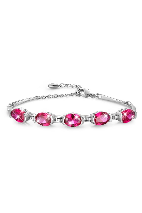 18K White Gold Plated Oval Tennis Bracelets for Women,July Birthstone Bracelet Red Ruby Jewelry Birthday Valentines Gifts for Girlfriend/Wife
