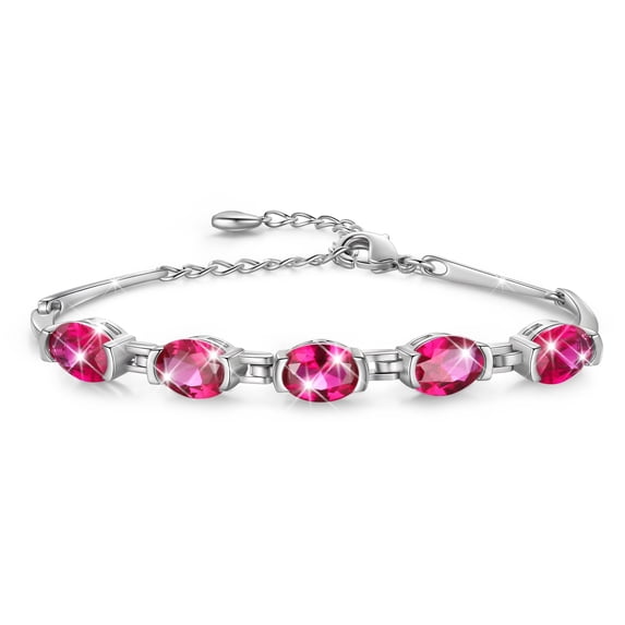 Juwaliy 18K White Gold Plated Oval Tennis Bracelets for Women,July Birthstone Bracelet Red Ruby Jewelry Birthday Valentines Gifts for Girlfriend/Wife