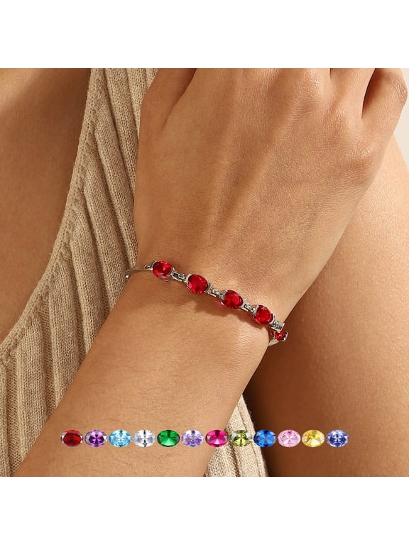 18K White Gold Plated Oval Tennis Bracelets for Women,July Birthstone Bracelet Red Ruby Jewelry Birthday Valentines Gifts for Girlfriend/Wife