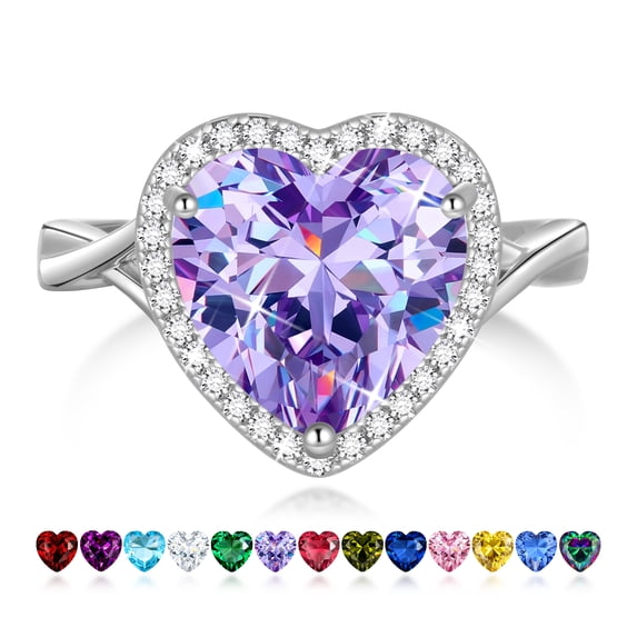 Juwaliy Women Rings Silver Plated Halo Heart June Birthstone Alexandrite Ring Jewelry Mother Grandma Birthday Valentine's Day Gift Idea