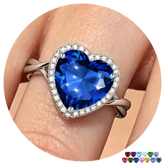 Juwaliy Women Ring Silver Plated Halo Heart Blue Sapphire September Birthstone Band Rings Jewelry Birthday Christmas Mother's Day Gift