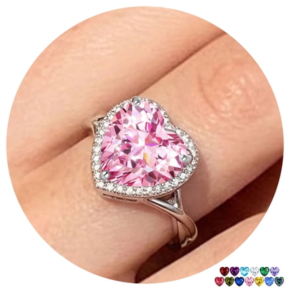 Juwaliy Women Ring Silver Plated Halo Heart Pink Tourmaline October Birthstone Rings Jewelry Mother Wedding Birthday Valentine's Day Gift