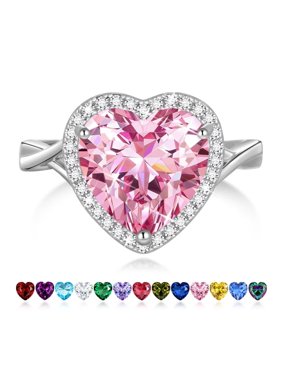 Women Ring Silver Plated Halo Heart Pink Tourmaline October Birthstone Rings Jewelry Mother Wedding Birthday Valentine's Day Gift