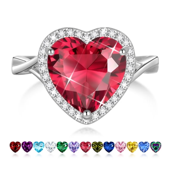 Juwaliy Women Ring 925 Sterling Silver Plated Halo Heart July Birthstone Ruby Ring Red CZ Band Jewelry Mother Birthday Valentine's Day Gifts for Her