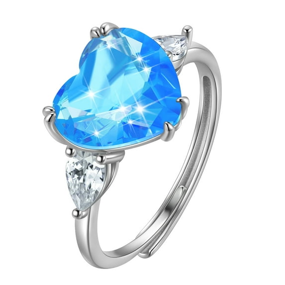 Juwaliy 6Ct Women Heart Ring 925 Sterling Silver March Birthstone Ring Aquamarine Blue Band Jewelry Mother Birthday Wedding Valentine's Day
