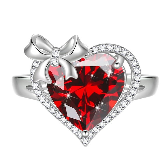 Juwaliy 6Ct Heart Women Ring Bow Kont Ribbon 925 Sterling Silver January Birthstone Garnet Ring Red Solitaire Jewelry Mother Wife Birthday Valentine's Day Gift