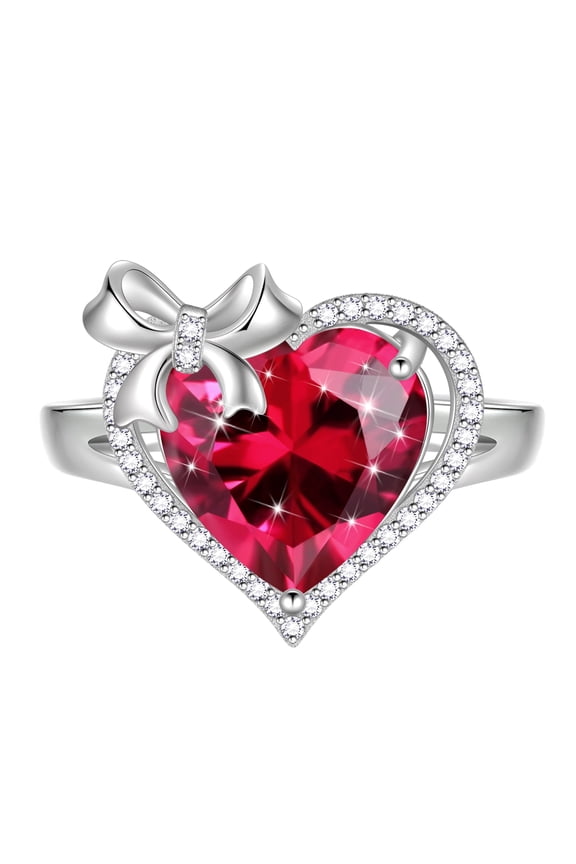 6Ct Heart Women Ring Bow Kont Ribbon 925 Sterling Silver July Birthstone Ruby Open Ring Jewelry Valentine's Day Gift for Wife Girlfriend Lover Mother