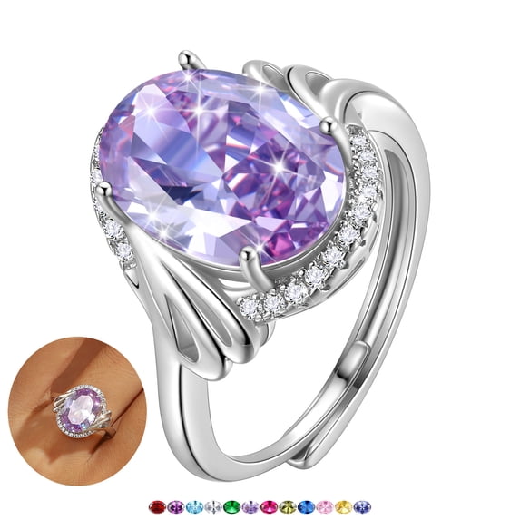 Juwaliy 8Ct Birthstone Women Ring 925 Sterling Silver Halo Oval Alexandrite Ring Band Jewelry June Birthday Mom Grandma Mother's Day Gifts