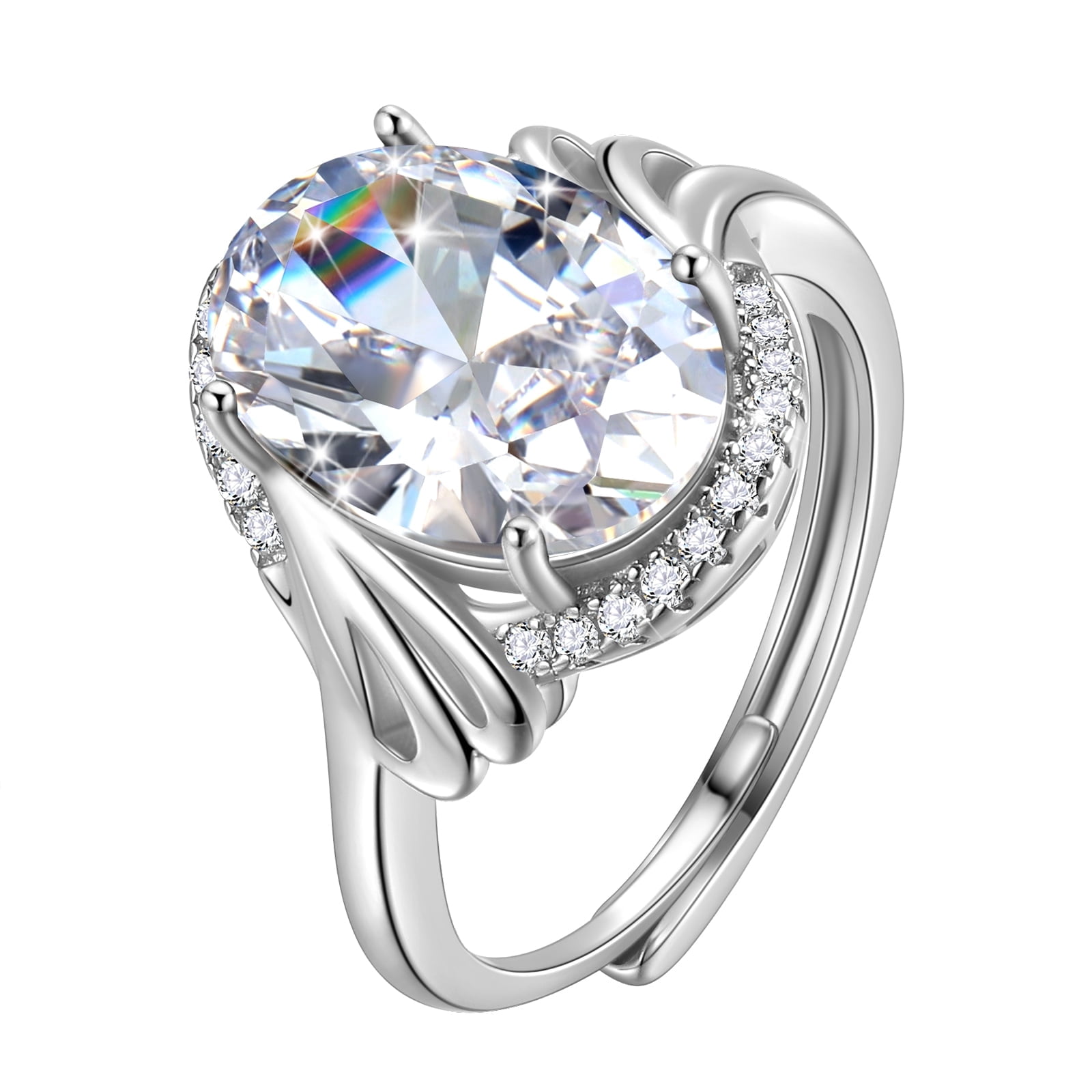 Juwaliy 8Ct Halo Oval Engagement Ring 925 Sterling Silver Women April Birthstone Diamond CZ Band Promise Bridal Jewelry Mother Birthday Gift