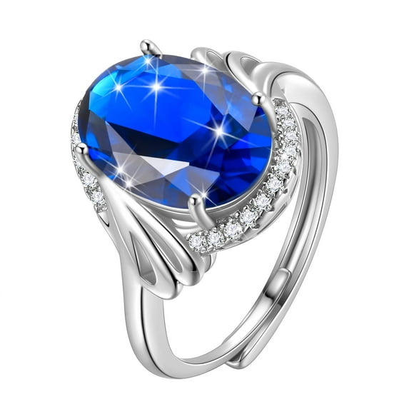 Juwaliy 8Ct Oval Women Blue Sapphire Ring 925 Sterling Silver Halo September Birthstone Ring Jewelry Mom Grandma Birthday Christmas Mother's Day Gift