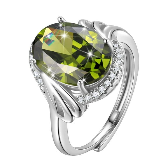 Juwaliy 8Ct Oval Women Ring 925 Sterling Silver Halo August Birthstone Peridot Ring Jewelry Mom Grandma Birthday Mother's Day Gift