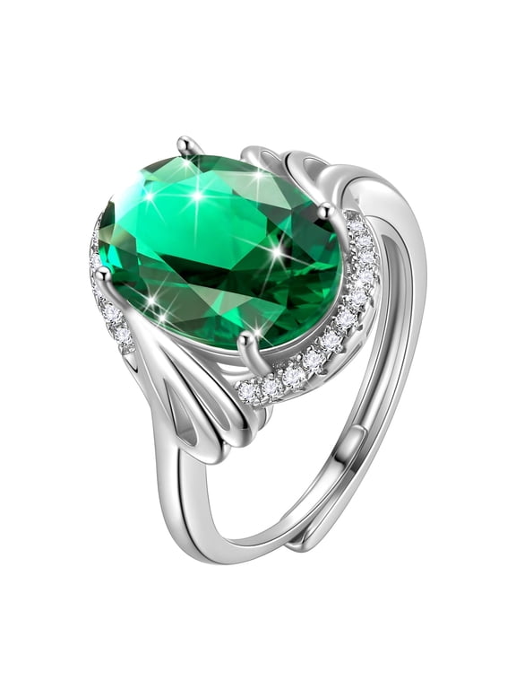 8Ct Women Emerald Ring 925 Sterling Silver Oval Halo Green May Birthstone Ring Band Jewelry Birthday Christmas Mom Grandma Mother's Day Gifts