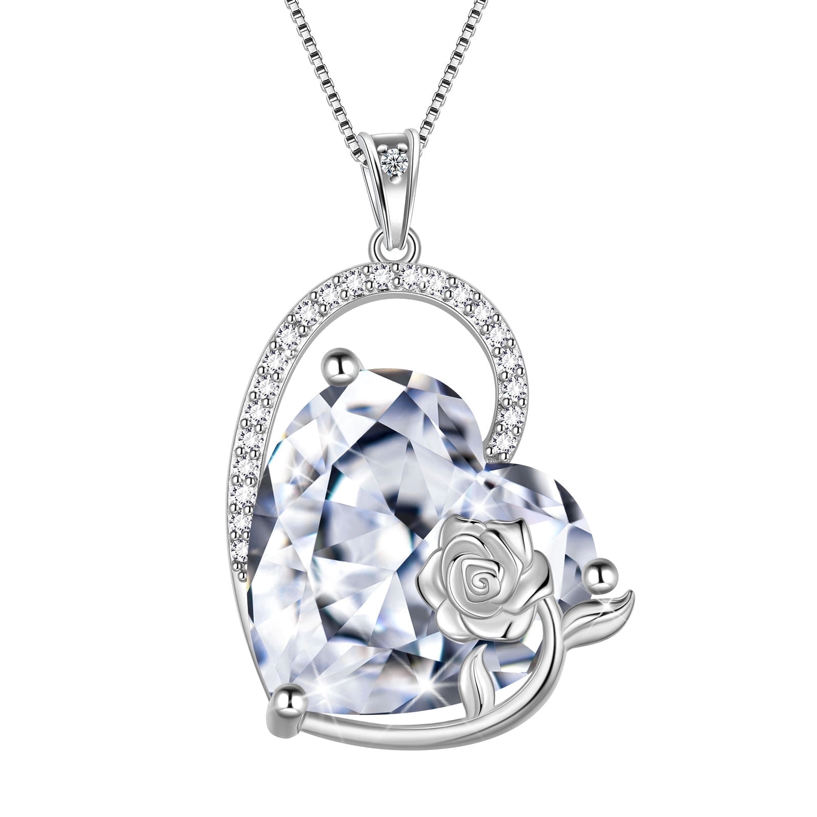 Juwaliy 925 Sterling Silver 15MM Heart Necklace Women April Birthstone Diamond CZ Bridal Jewelry Rose Flower Pendant Mother Birthday Valentine's Day Gift