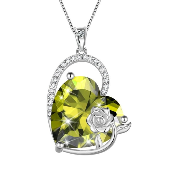 Juwaliy 925 Sterling Silver 15MM Heart Necklace Women August Birthstone Peridot Green Jewelry Rose Flower Pendant Mother Christmas Birthday Gift