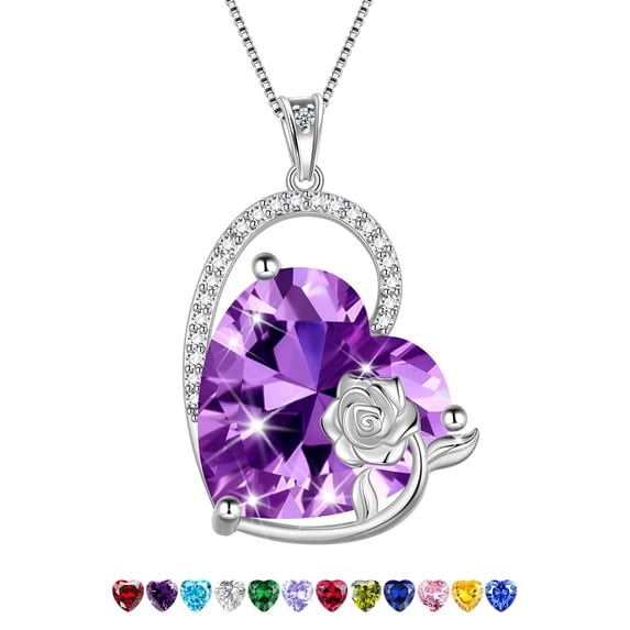 Juwaliy 925 Sterling Silver 15MM Heart Necklace Women February Birthstone Amethyst Jewelry Purple Rose Flower Pendant Mother Birthday Valentine's Day Gift