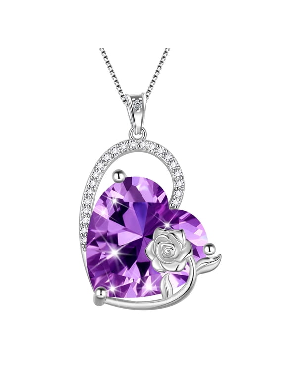 925 Sterling Silver 15MM Heart Necklace Women February Birthstone Amethyst Jewelry Purple Rose Flower Pendant Mother Birthday Valentine's Day Gift