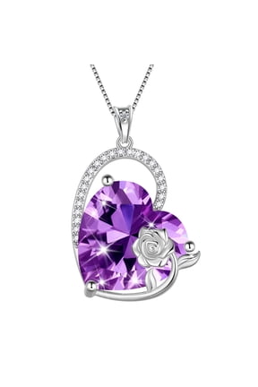 925 Sterling Silver 15MM Heart Necklace Women February Birthstone Amethyst Jewelry Purple Rose Flower Pendant Mother Birthday Valentine's Day Gift