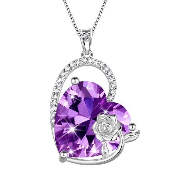 Juwaliy 925 Sterling Silver 15MM Heart Necklace Women February Birthstone Amethyst Jewelry Purple Rose Flower Pendant Mother Birthday Valentine's Day Gift