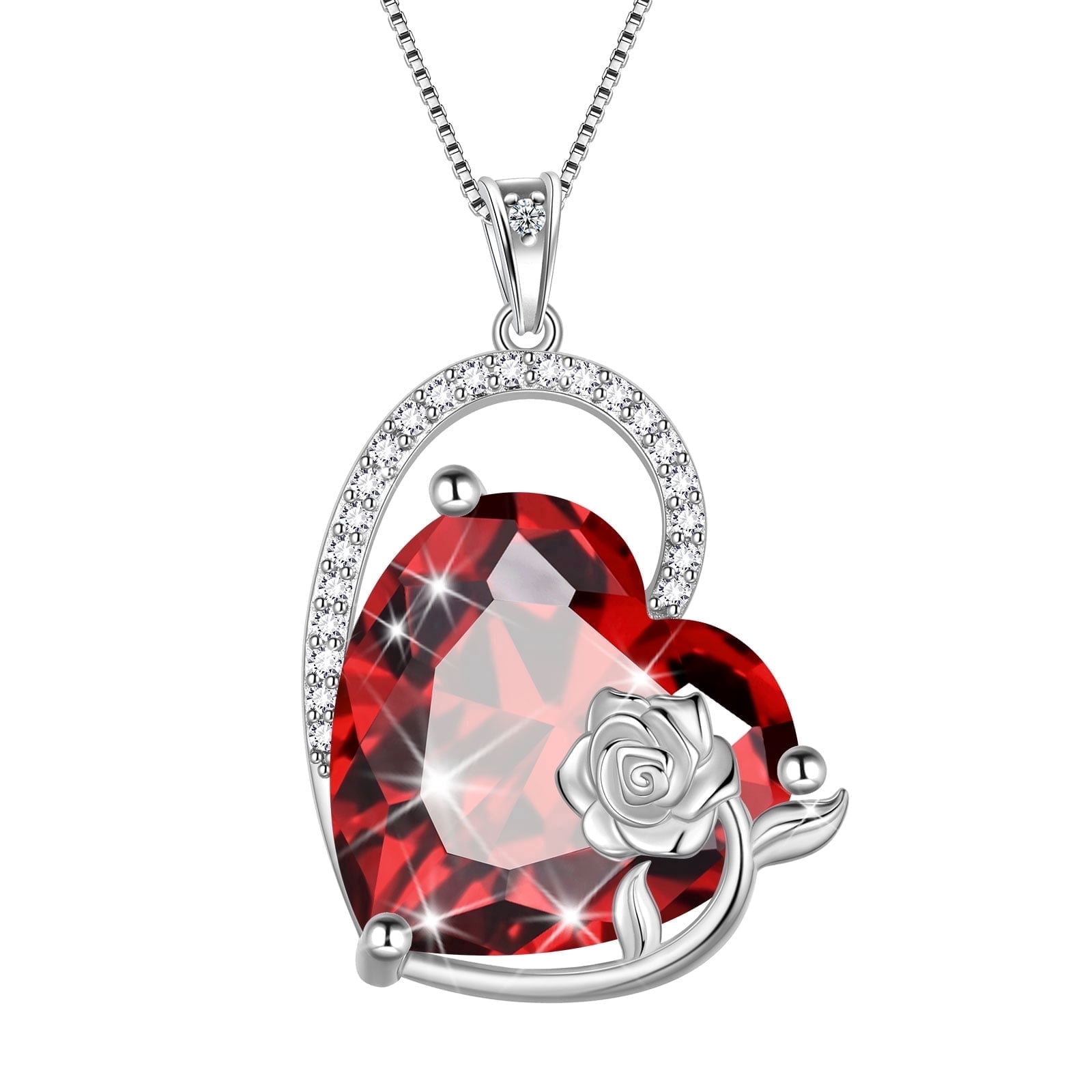 Juwaliy 925 Sterling Silver 15MM Heart Necklace Women January Birthstone Garnet Jewelry Red Rose Flower Pendant Mother Birthday Valentine's Day Xmas Gift