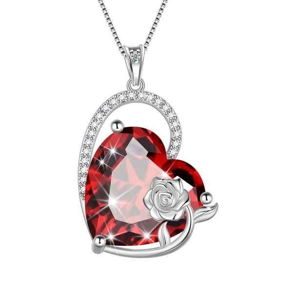 Juwaliy 925 Sterling Silver 15MM Heart Necklace Women January Birthstone Garnet Jewelry Red Rose Flower Pendant Mother Birthday Valentine's Day Xmas Gift