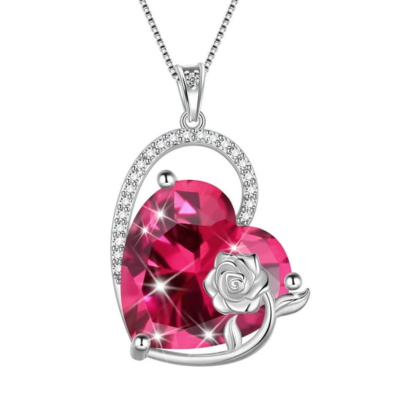 Juwaliy 925 Sterling Silver 15MM Heart Necklace Women July Birthstone Ruby Jewelry Red Rose Flower Pendant Mother Christmas Birthday Valentines Day Gift for Her