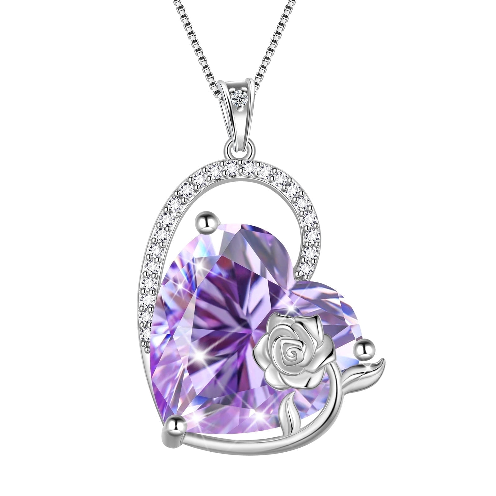 Juwaliy 925 Sterling Silver 15MM Heart Necklace Women June Birthstone Alexandrite Purple Jewelry Rose Flower Pendant Mom Birthday Valentines's Day Gift for Her