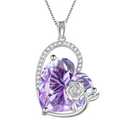 925 Sterling Silver 15MM Heart Necklace Women June Birthstone Alexandrite Purple Jewelry Rose Flower Pendant Mom Birthday Valentines's Day Gift for Her