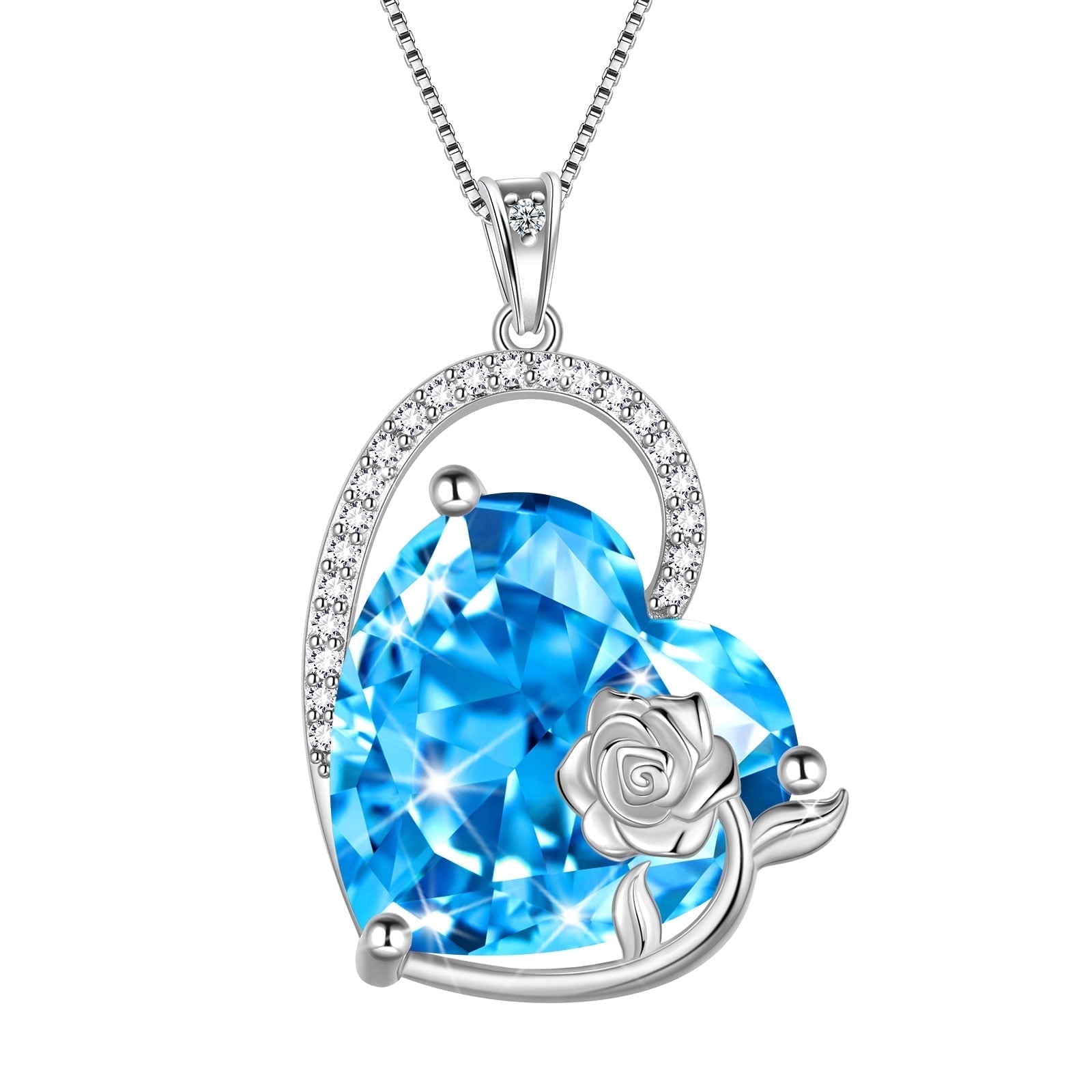 Juwaliy 925 Sterling Silver 15MM Heart Necklace Women March Birthstone Aquamarine Jewelry Blue Topaz Rose Flower Pendant Mother Birthday Valentines Gift for Her