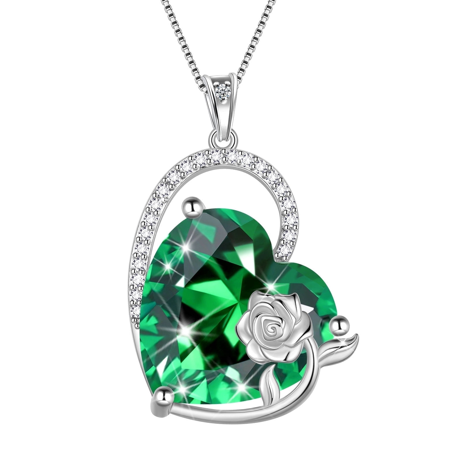 Juwaliy 925 Sterling Silver 15MM Heart Necklace Women May Birthstone Emerald Jewelry Green Rose Flower Pendant Birthday Christmas Mother's Day Gift