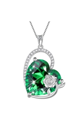 925 Sterling Silver 15MM Heart Necklace Women May Birthstone Emerald Jewelry Green Rose Flower Pendant Birthday Christmas Mother's Day Gift