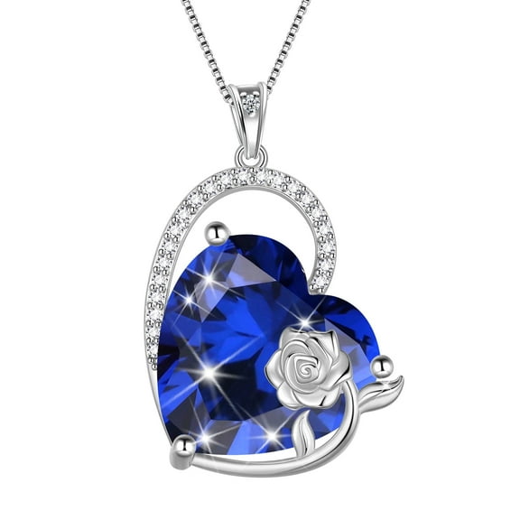 Juwaliy 925 Sterling Silver 15MM Heart Necklace Women September Birthstone Sapphire Blue Jewelry Rose Flower Pendant Mom Christmas Valentine's Day Gift for Her