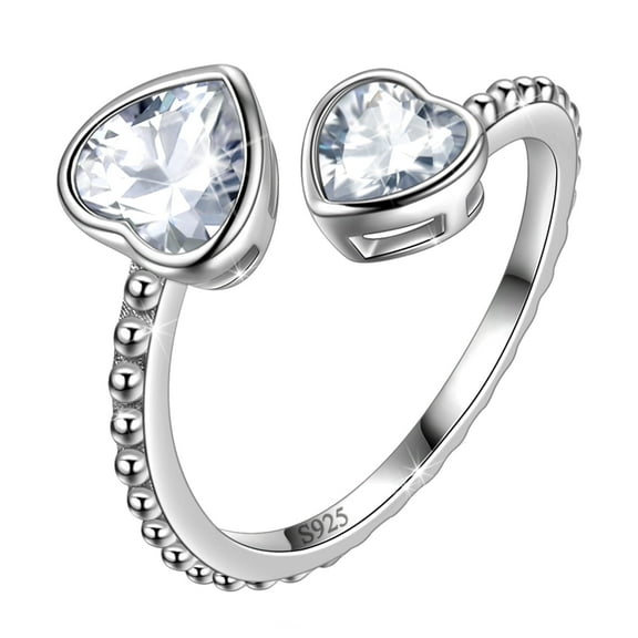 Juwaliy 925 Sterling Silver April Birthstone Ring Adjustable Double Hearts Diamond Zirconia Women Jewelry Mother's Day Gifts